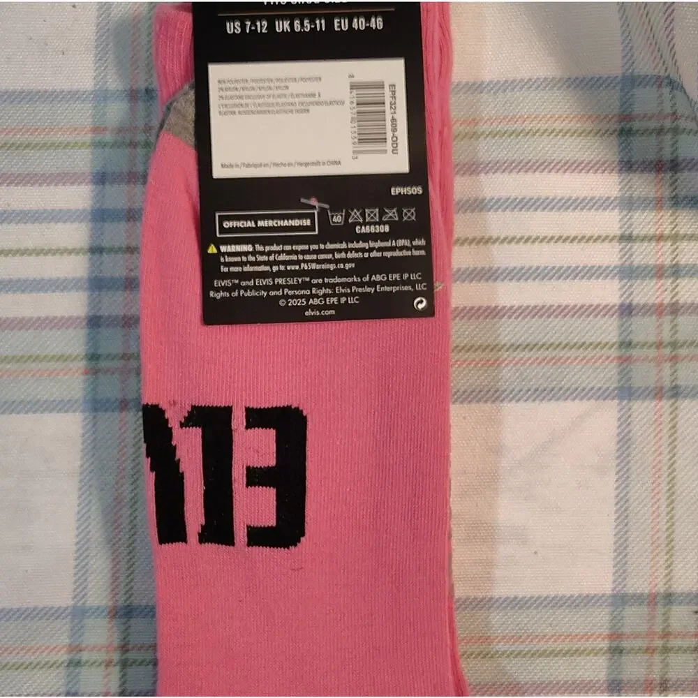 Elvis Presley Love Me Tender Pink Crew Socks with Heart Pattern, One Size